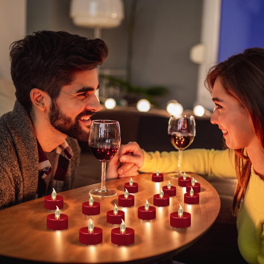 Battery Operated Tea Lights Candles: Flameless Flickering LED Electric Fake Candles Bulk, 100Pack Powered Votive Tealights, Long Lasting 200H+ Bright Red Lamp for Seasonal and Festive Decoration