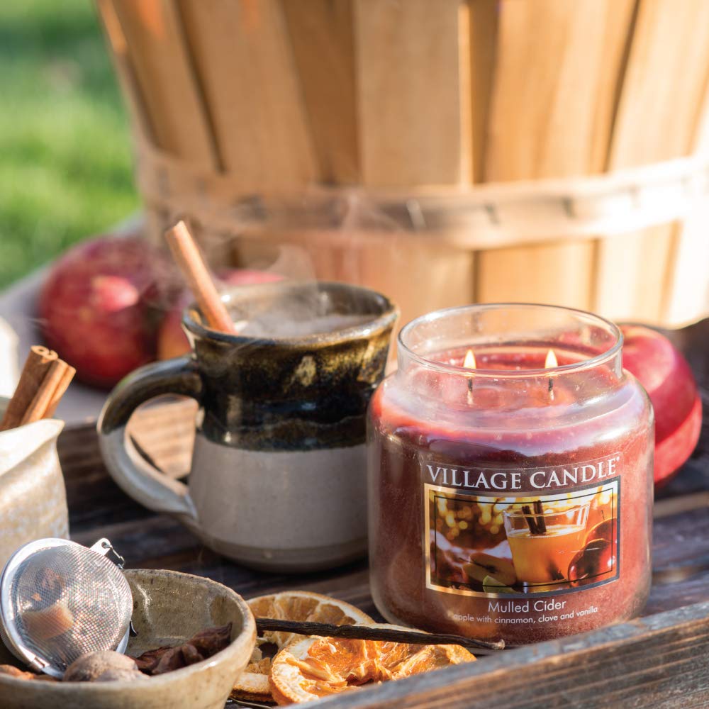 Village Candle Mulled Cider Medium Glass Apothecary Jar Scented Candle, 13.75 oz., Red