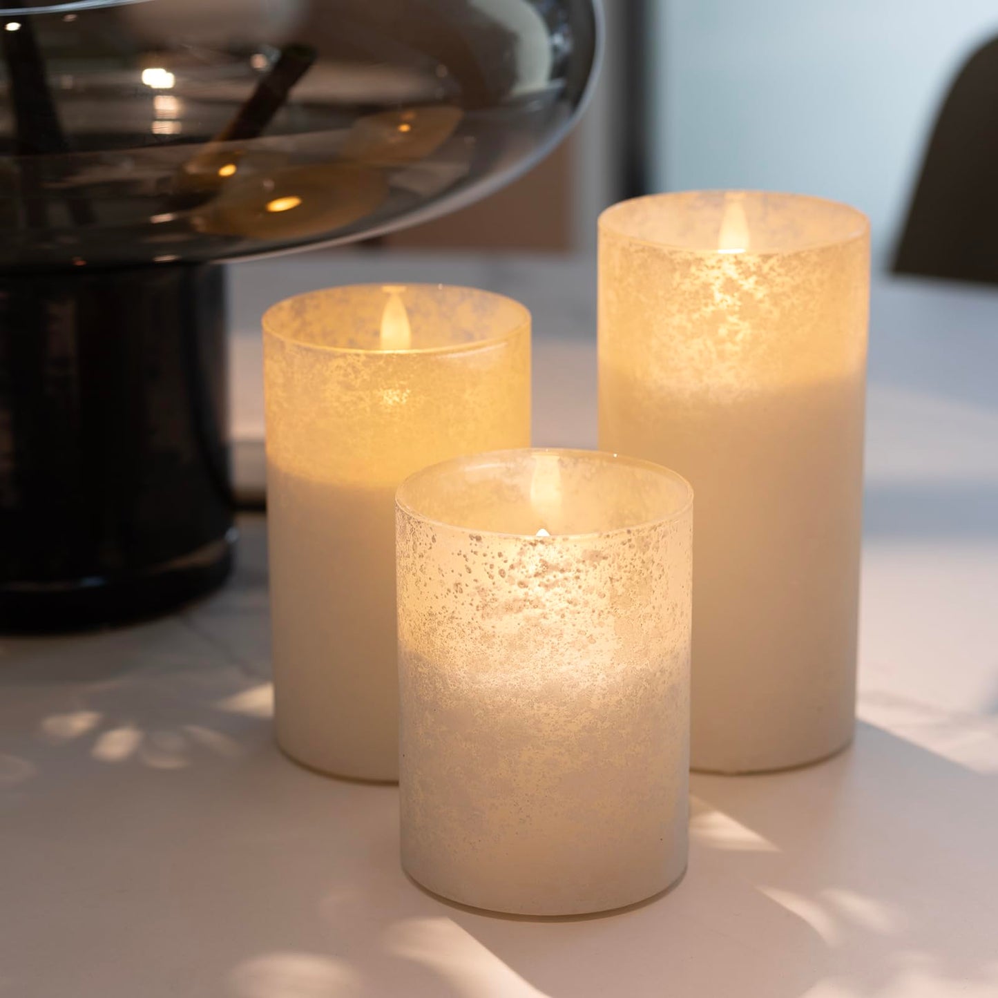 HJANDHJ Flickering Flameless Candles with Remote, Battery Operated Candles with Timer, Sandblasted Glass LED Pillar Candles for Christmas/Home Decorations(White,Set of 3)