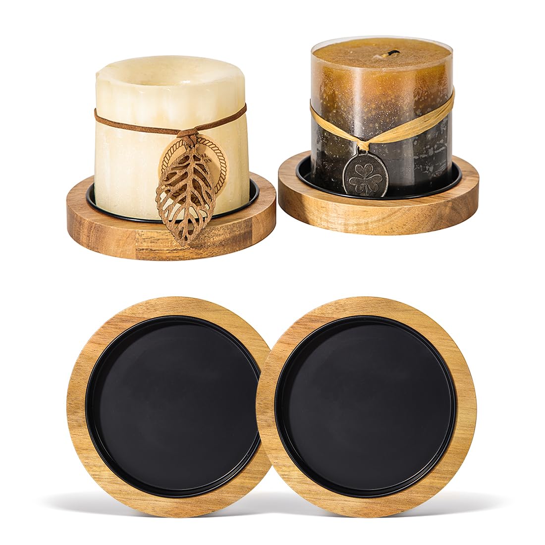 Acacia Wood Candle Holder Farmhouse Decor, 2-Pack Wooden Rustic Pillar Candle Stand for Table, Candlestick Holder for Table Centerpiece Decor, Holds Candles up to 3.35In Diameter
