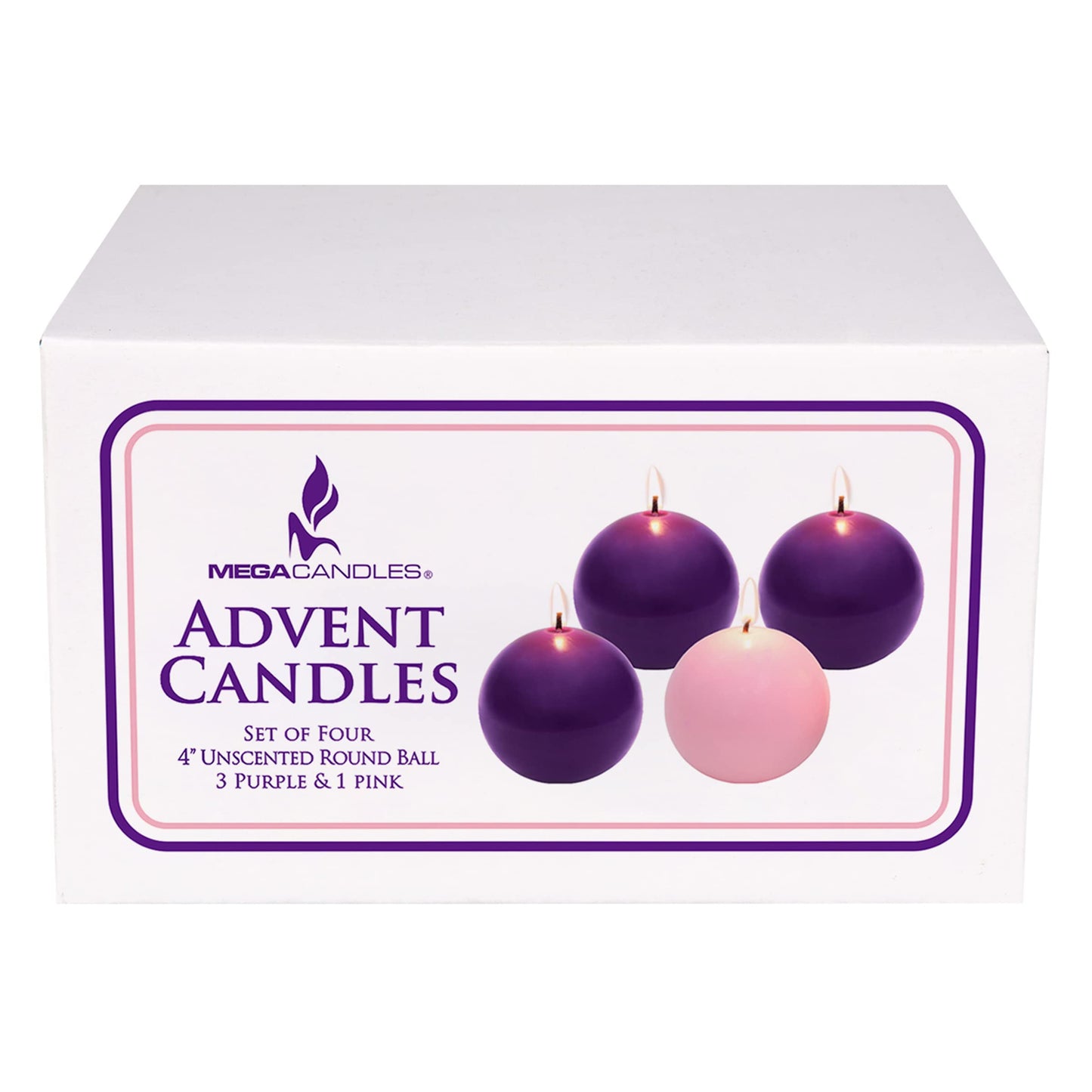 Mega Candles 4 pcs Unscented Christmas Advent Candles Set, Hand Poured Premium Wax Round Ball Candle 4 Inch Diameter, Holidays, Festivities, Devotional, Church, Wreath, Party, Gifts