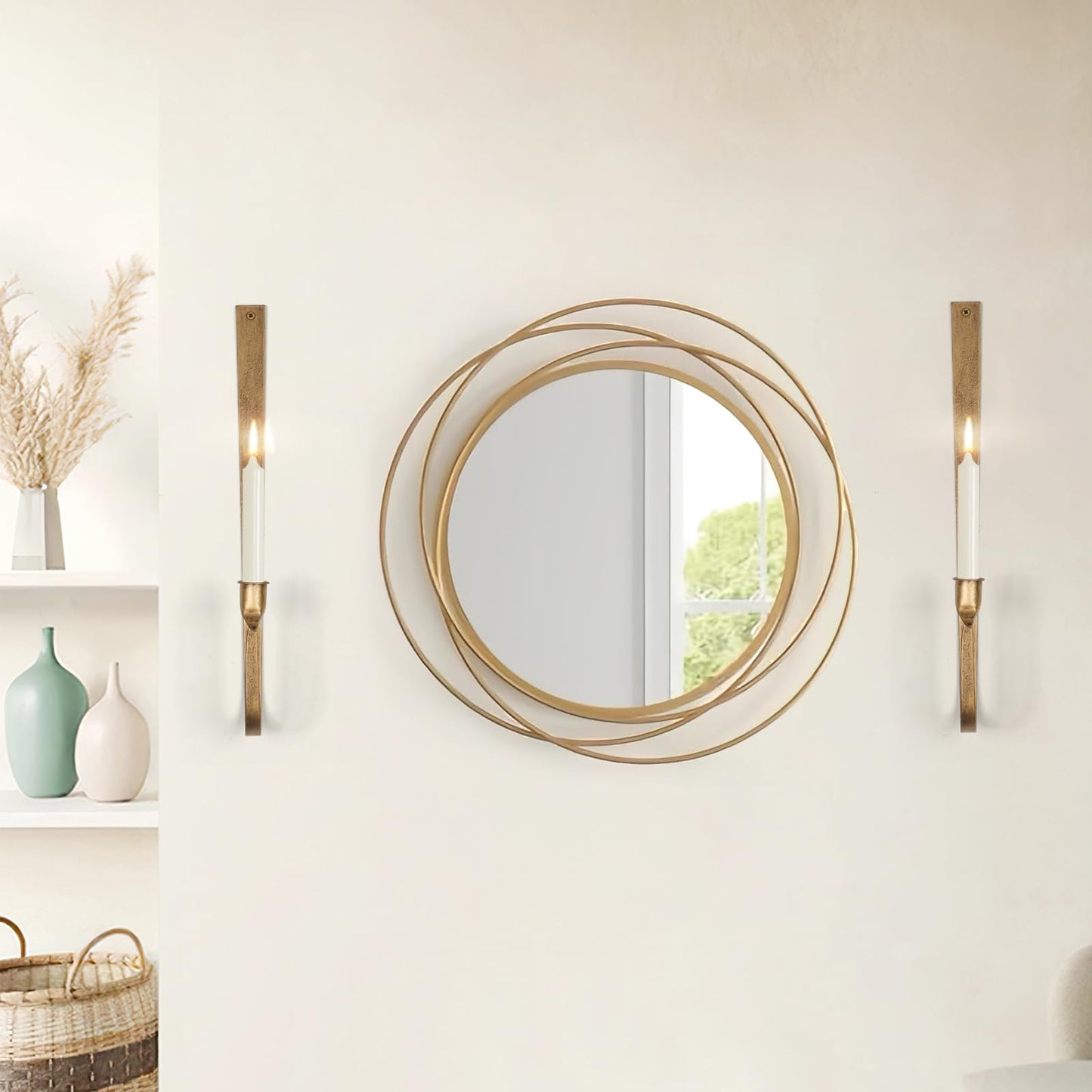 Wall Candle Holder Set of 2 - Golden Metal Wall Sconces, Rust-Resistant Wall Mount Candle Holders for Living Room, Fireplace, Wedding Decor, Modern Farmhouse Wall Decor with Installation Hardware