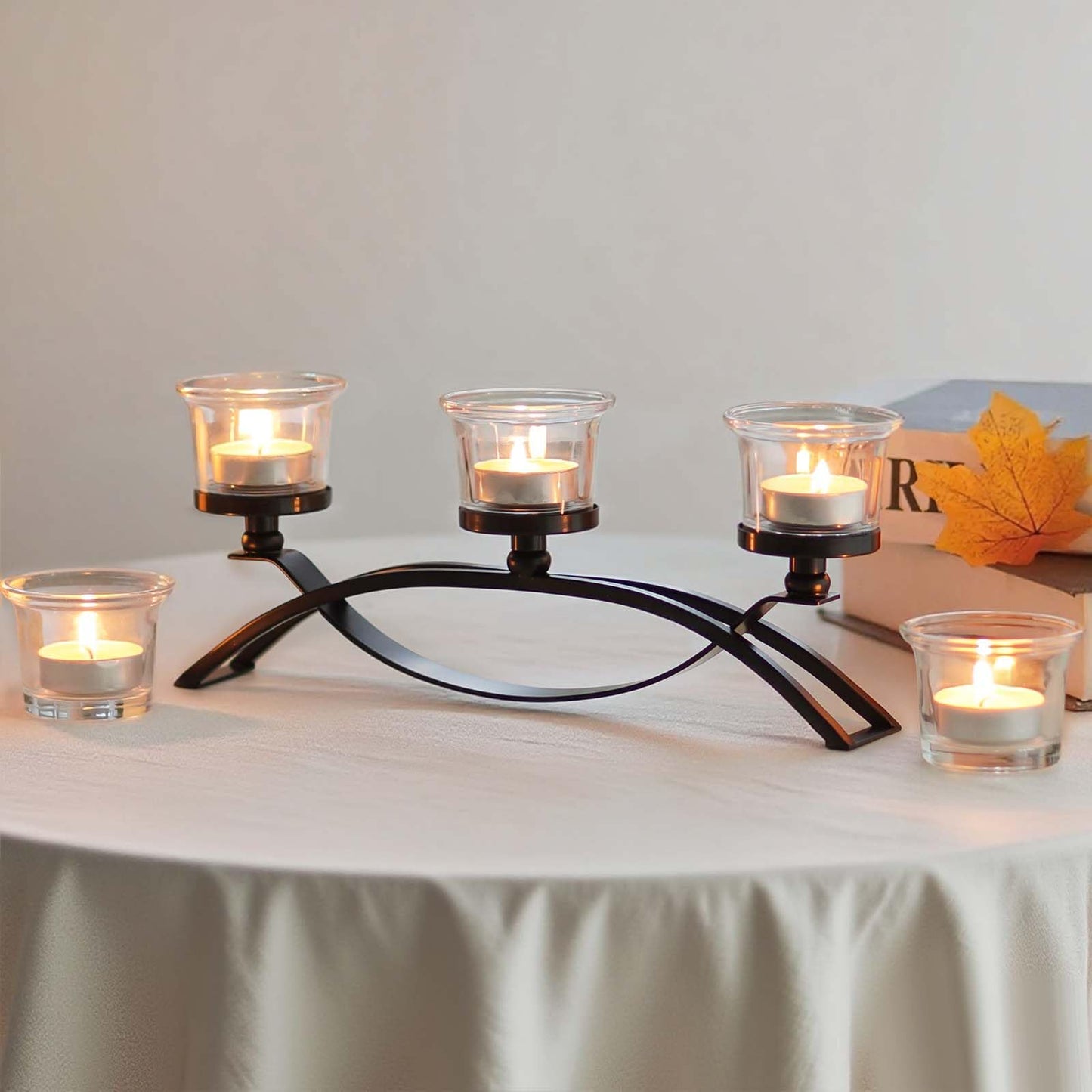 3-Arm Metal Tea Light Candle Holder Set with 5 Glass Cups, Votive Candle Holders Centerpiece Candelabra for Wedding Table Decor, Home Gatherings and Holidays (Black, 5 Cups)