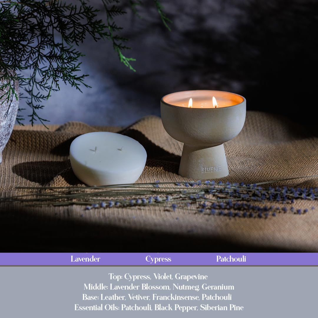 Blueme Sleep Candle | Lavender & Cypress | 2 Wick - Refillable Wellness Candle with Essential Oils, Hand Finished & Poured Soy Wax Blend Ceramic Vessel, Natural Cotton Wicks | Medium 12 oz
