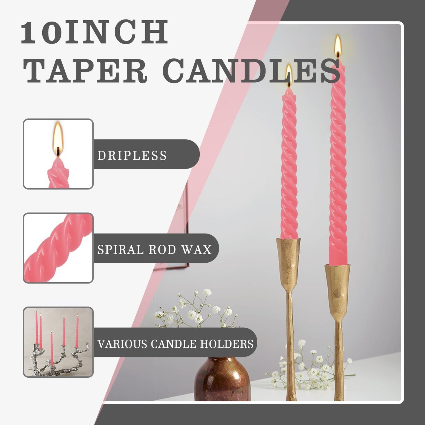 WPONSZU 10 Inch Pink Spiral Taper Candle Set of 12 Pack Unscented Dripless Candlesticks for Valentine's Day,Dinner,Party,Brithday,Wedding,Christmas,and Home Decoration