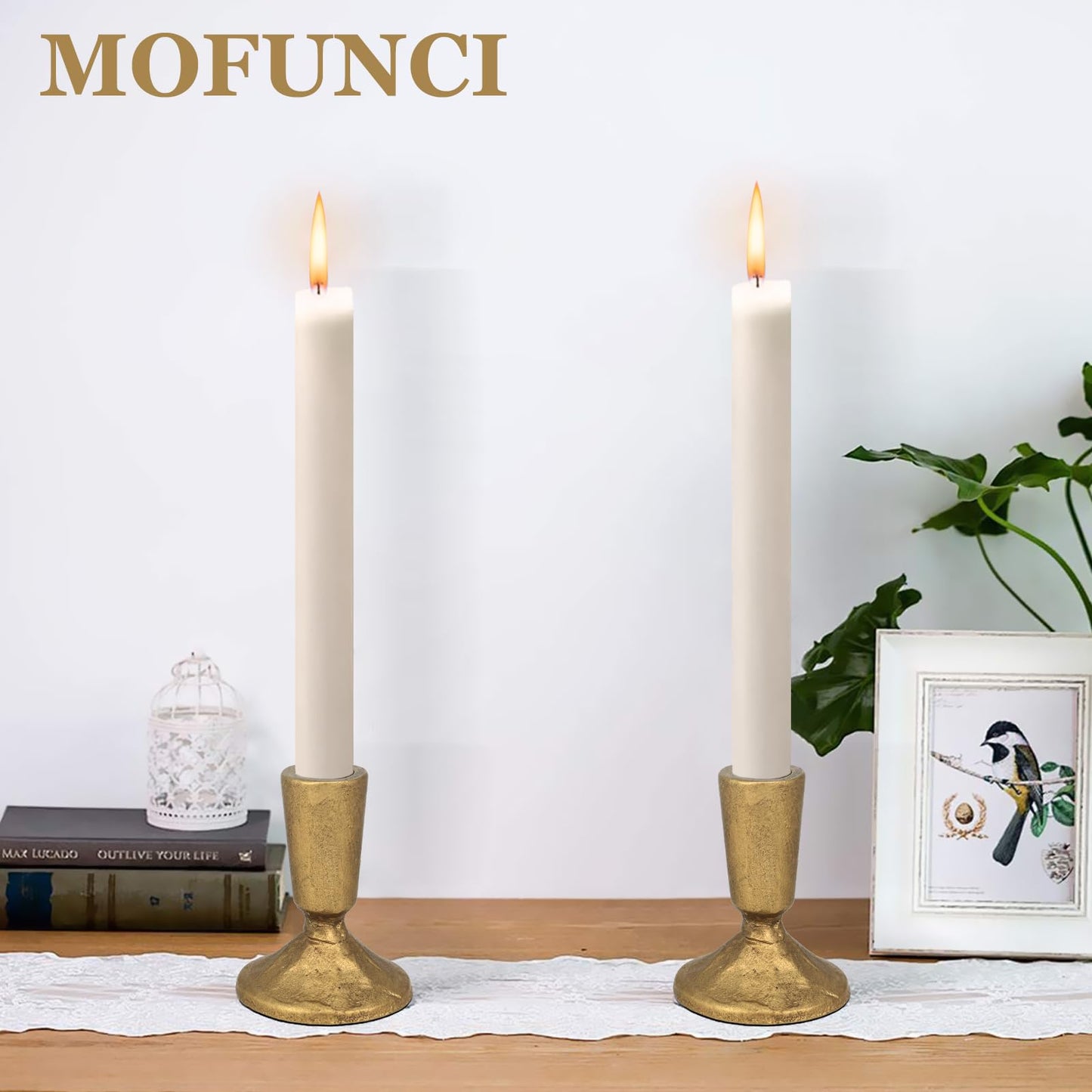 Mofunci Iron Taper Candle Holder Set of 2, Heavy Candle Stick Holders Gold Candle Holders for Table Centerpiece, Weddings, Mantel and Party Decor