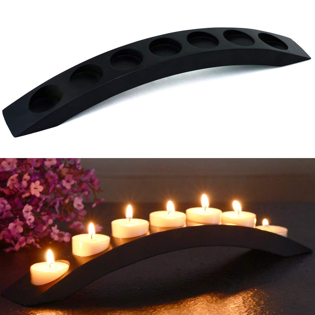 Wooden Bridge Candle Holders 15 inch in Length, Long Tea Light Candle Holders Bar, 7 Candle Seat-Black