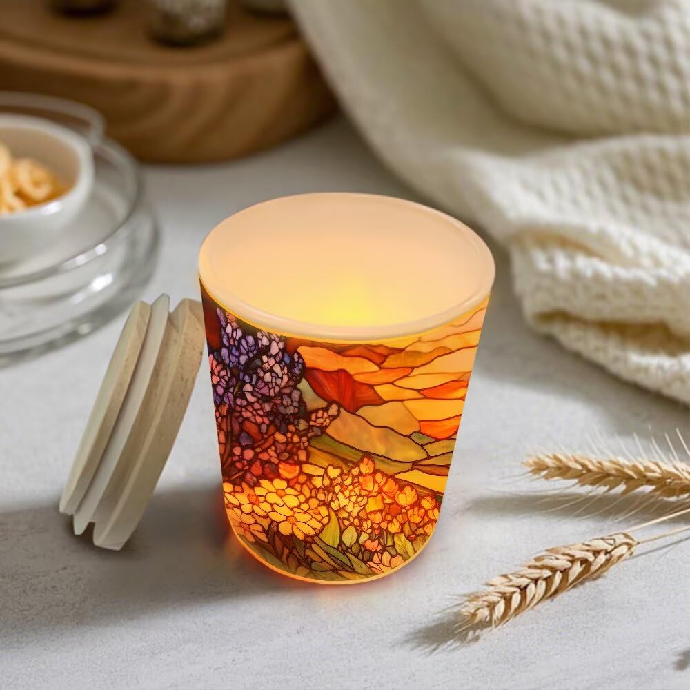 Stained Glass Cat Tea Light Candle Holders, Country Wildflowers Tealight Candle Holder Jar with Wooden Lid, Pastoral Votive Candlesticks for Table Centerpieces, Christmas,Birthday Party