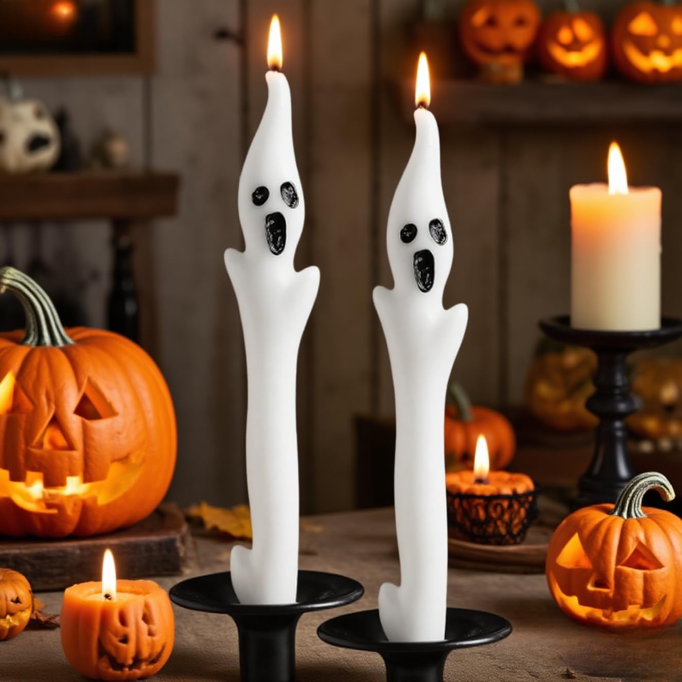 Halloween Ghost Candles Set, Cute Spooky White Taper Candles with Ghost Face for Halloween Decorations, Haunted House, Party Table Centerpiece, Gothic Home Decor, Trick or Treat Supplies (2PCS)