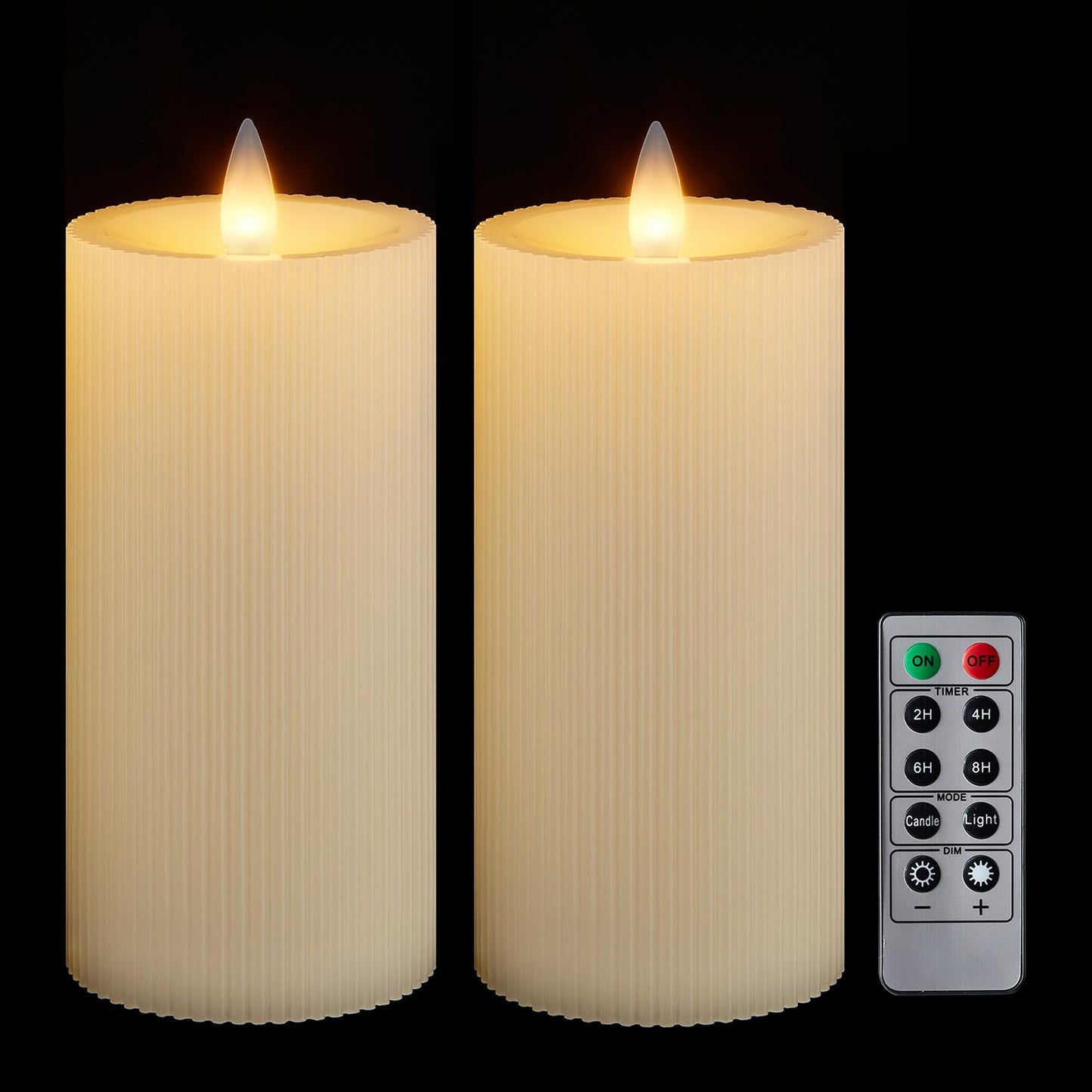 CozierGlow Flameless Pillar Candles Flickering with Remote Timer, Battery Operated LED Candles Up to 400 Hours, 3D Moving Flame Real Wax Candles. (Ivory Vertical Stripe-2 Pack)
