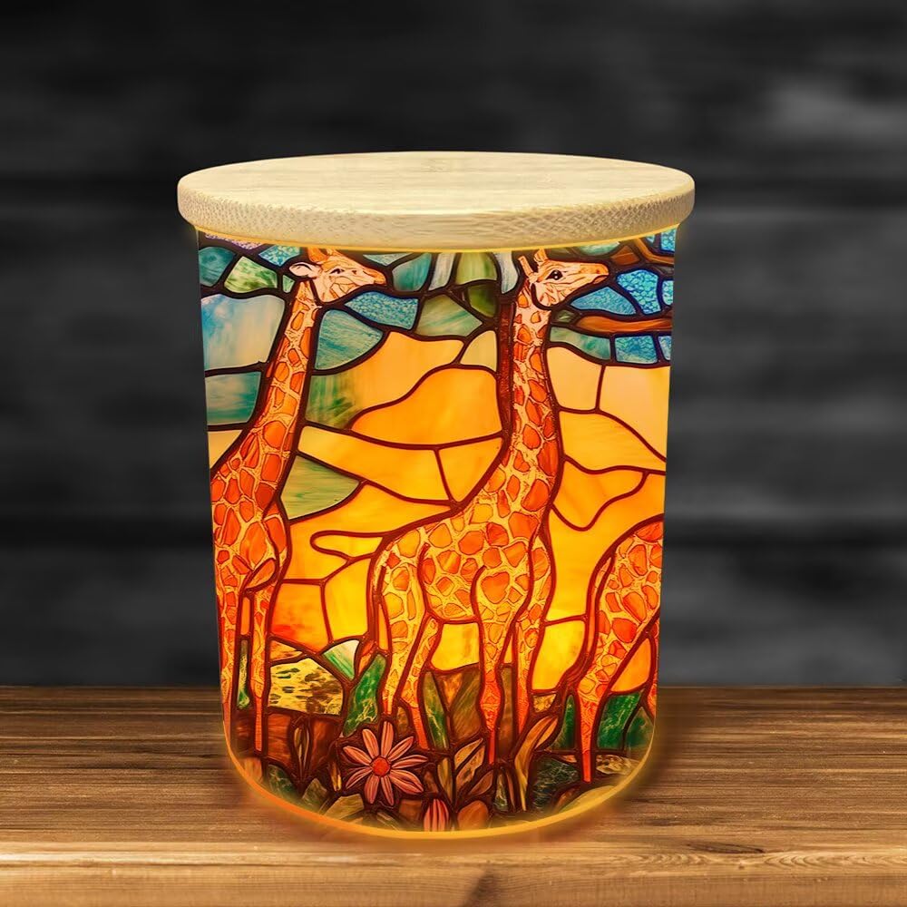 Stained Glass Giraffes Tea Light Candle Holders, Wildflowers Tealight Candle Holder Jar with Wooden Lid, Tree Votive Candlesticks for Table Centerpieces, Christmas,Birthday Party,Home Decor