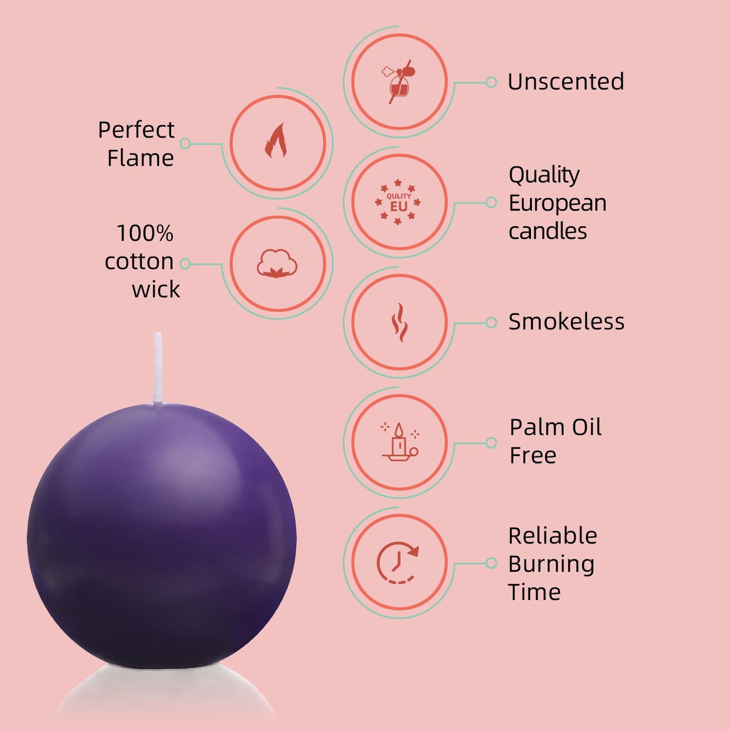 Ball Pillar Candles Set of 3 Purple 3Inch Unscented Handpoured Weddings, Home Decoration, (75 Hour)
