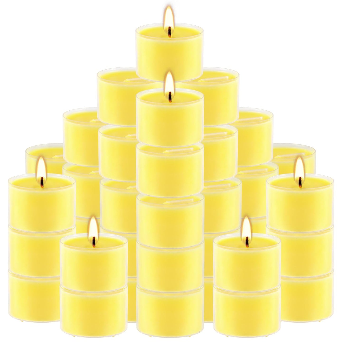 50 Pack Clear Tea Lights Candles Bulk, Summer Citronella Candle Outdoor and Indoor, for Birthday Emergency Home Garden(8 Hour, Yellow)