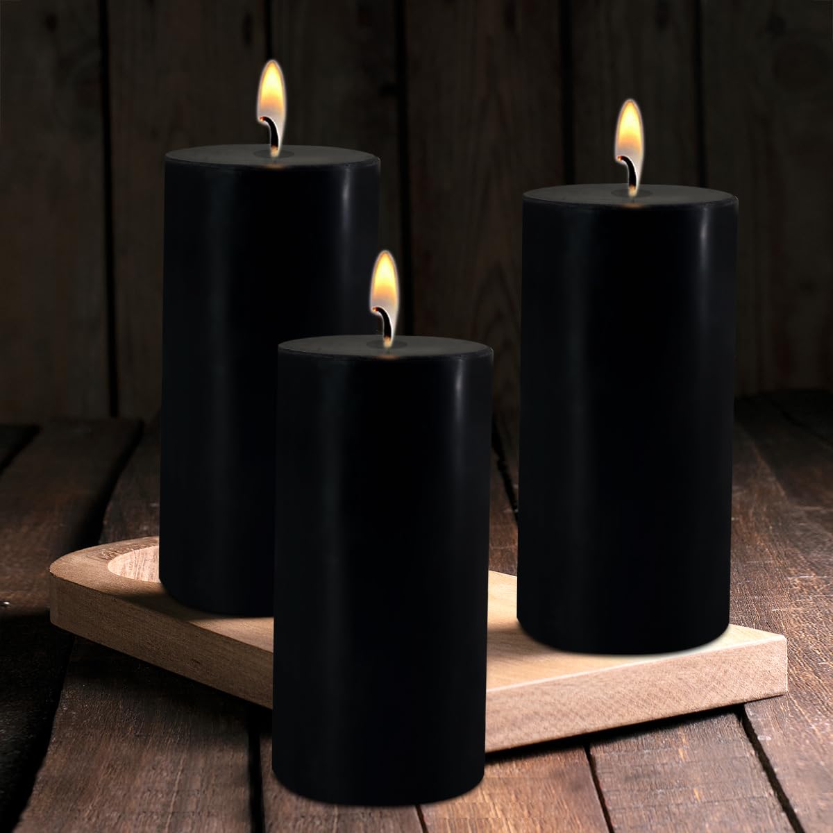 2.8" x 6" Hand-Poured Unscented Candle, Dripless Pillar Candle Set of 3, Long Lasting Burning, Approx 120 Hours Burn Time, Rustic Country Style, for Wedding, Dinner, Christmas and Home Decor, Black