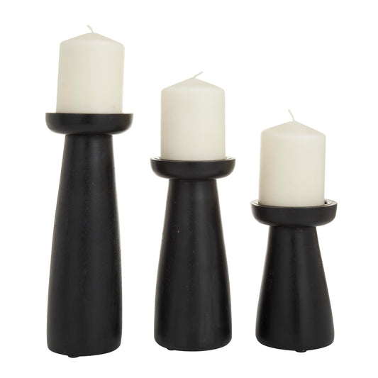 Deco 79 Mango Wood Decorative Candle Holder Pillar Candle Stand, Set of 3 Candlestick Holder 10", 6", 8" H, Black