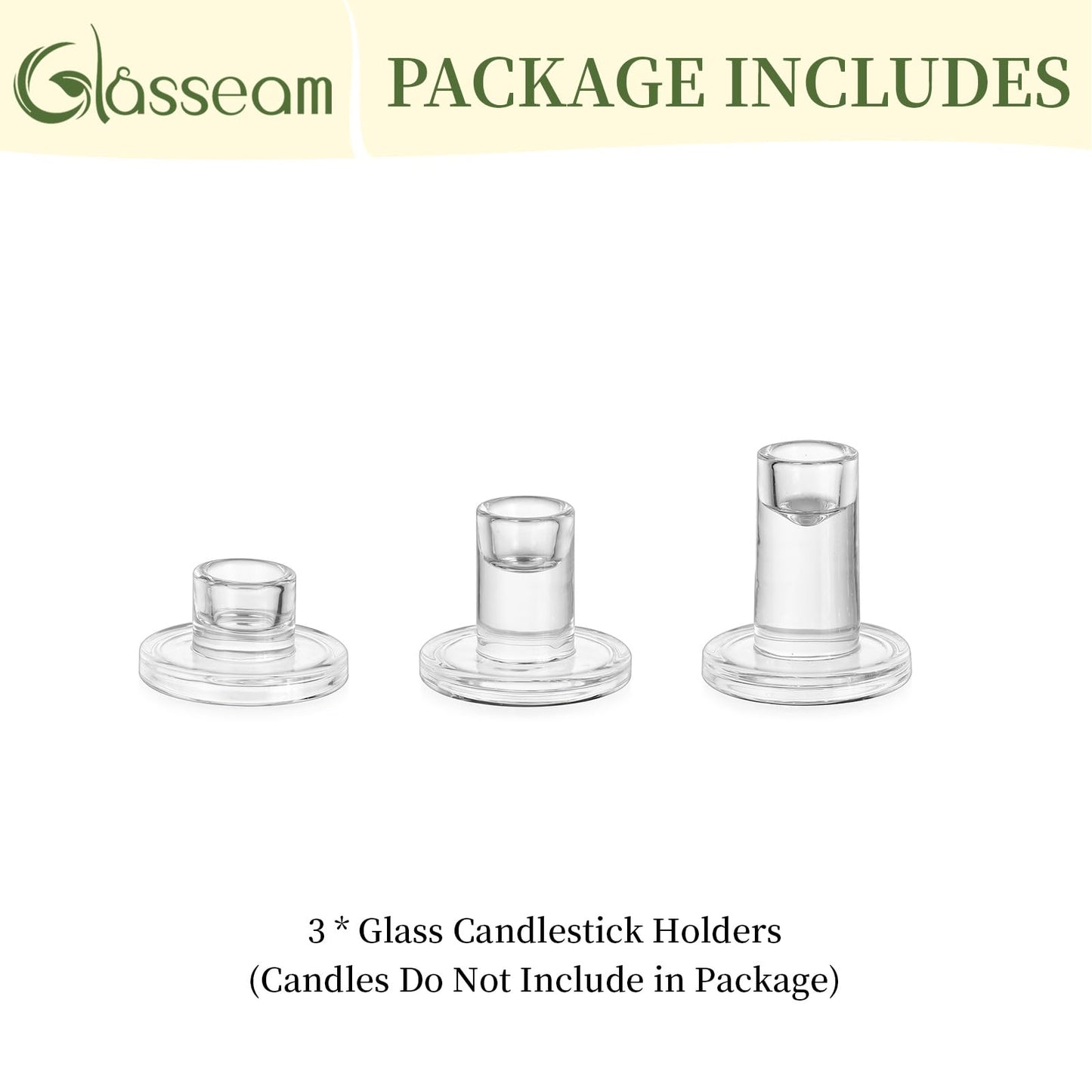 Glasseam Glass Taper Candle Holders: Set of 3 Tapered Candlestick Holders Small Clear Candle Sticks Holder Decor for Table Centerpiece Wedding Dining Room Home Decorations