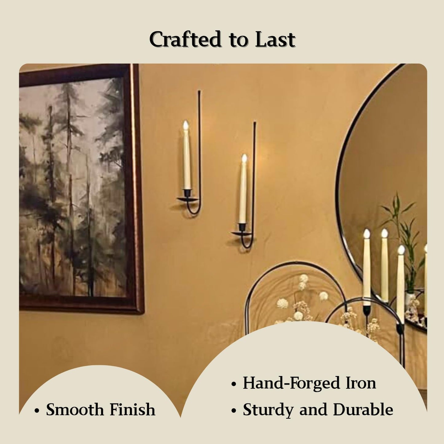 Wall Candle Holder Set of 2, Stylish Black Metal Wall Mount Candle Sconces, Modern Wall Decoration for Living Room, Farmhouse, Fireplace, and Christmas Decor