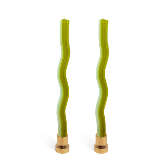 Wiggle Candles (2 Pack) - Joyful Dancing Design Taper Candlesticks | Bright Colors | 7/8” diam x 11” Length | Designed by Lex Pott | Made in USA (Green)