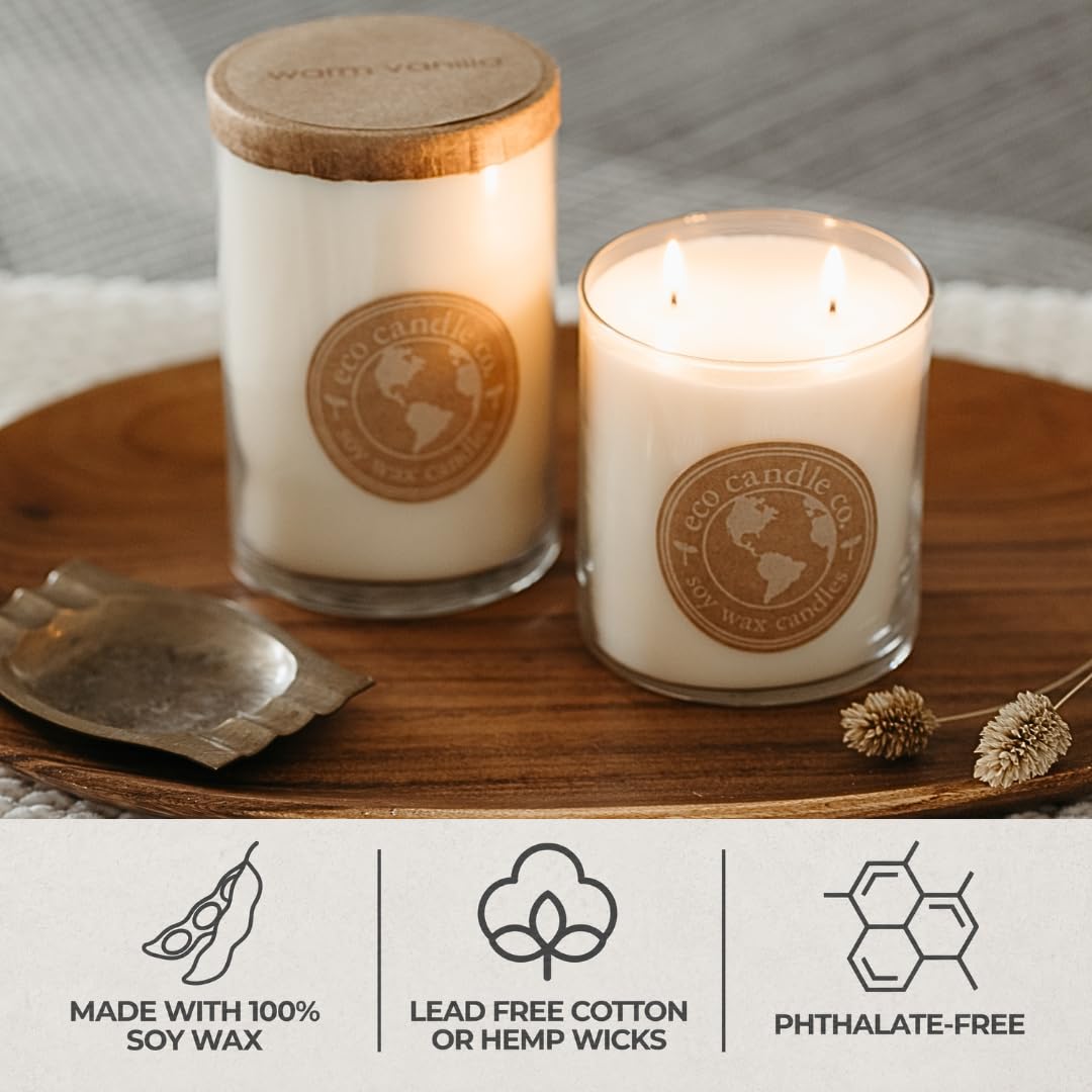 ECO CANDLE CO. Recycled Candle, Caramel Rum Cake, 18 oz. Double Wick - Scents of Caramel, Rum, Maple, Almond, Pear, & Vanilla - 100% Soy Wax, No Lead, Kraft Paper Label & Lid, Hand Poured
