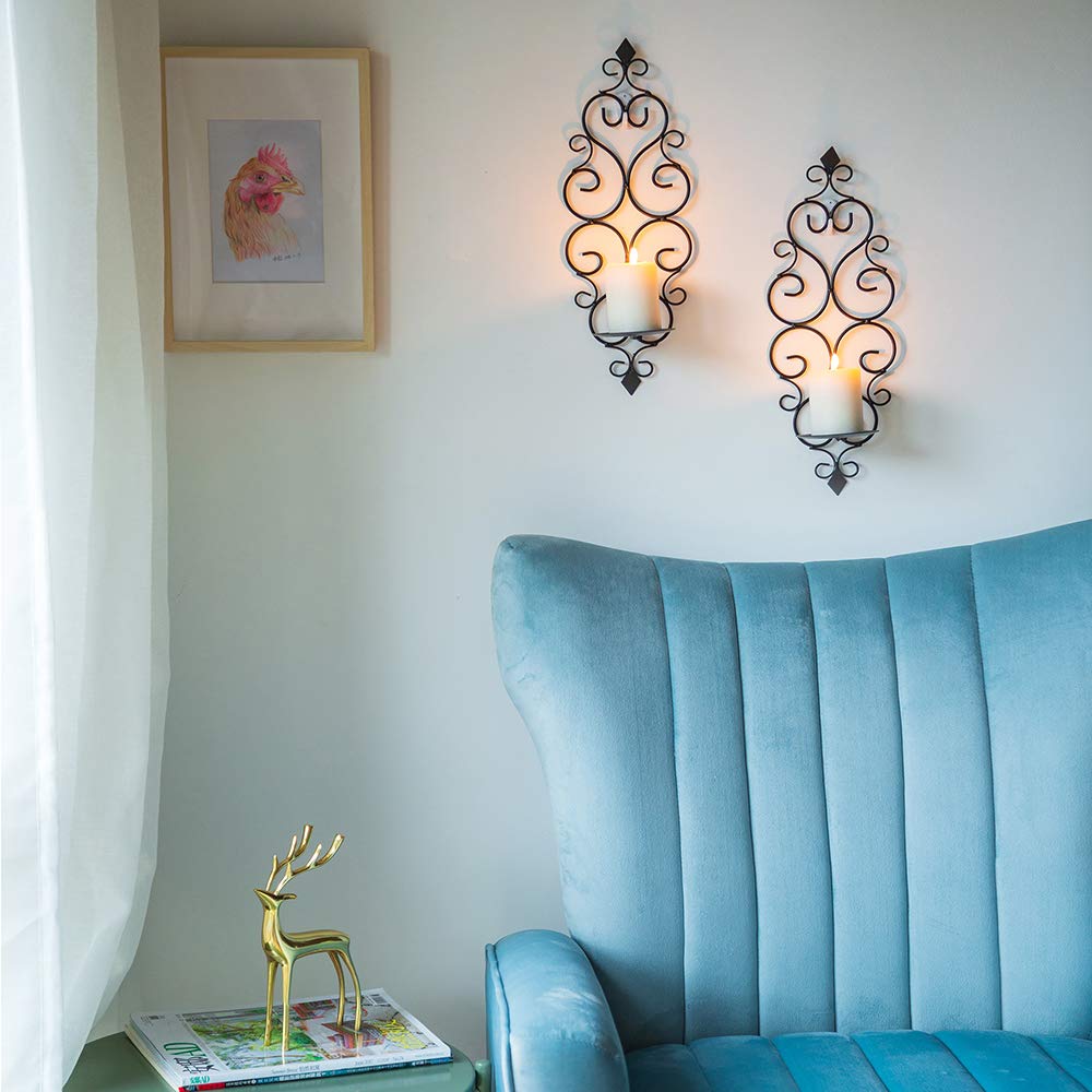 Sziqiqi Iron Wall Candle Sconce Holder Set of 2 Hanging Wall Mounted Pillar Candle Sconces Holder, Wall Sconces Decor for Bedroom Dining Room (Black)