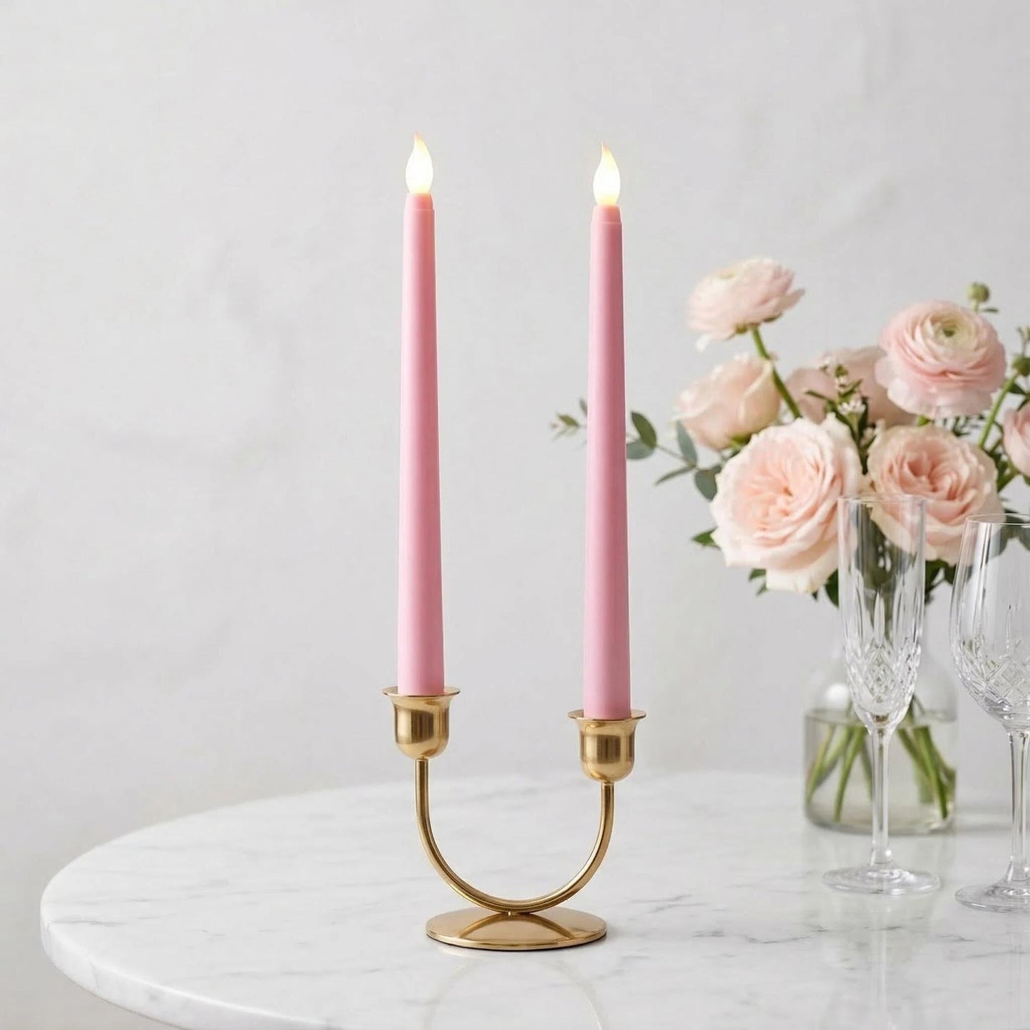 Ni-JASW Pink Flameless Taper Candles with Remote, Battery Powered Flickering LED Candlesticks Set of 4