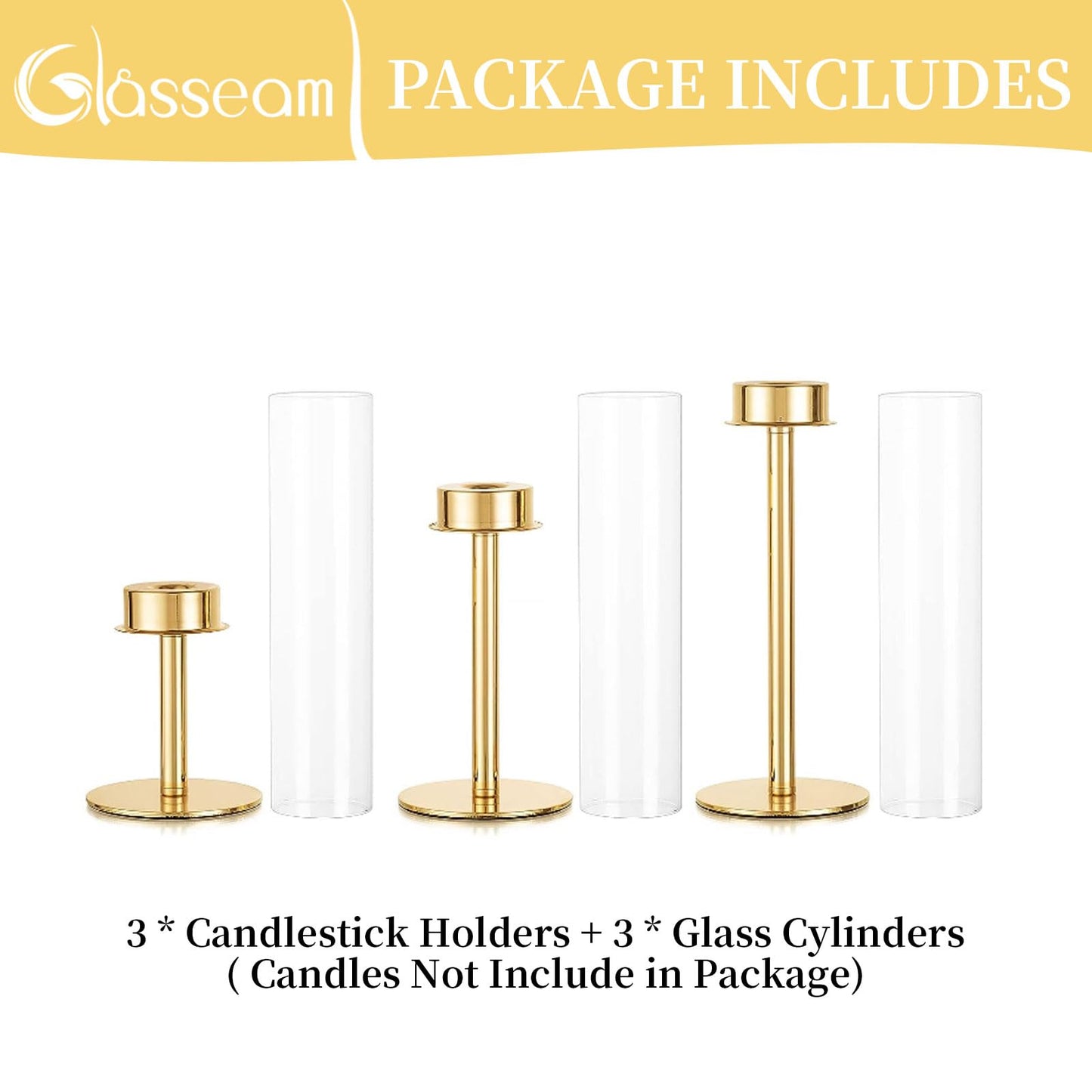 Glasseam Hurricane Gold Candle Holders: Set of 3 Brass Candlestick Holders for Taper Candles Modern Taper Candle Holder with Glass Clear Cylinder Glass Shade for Table Centerpiece Christmas Decor