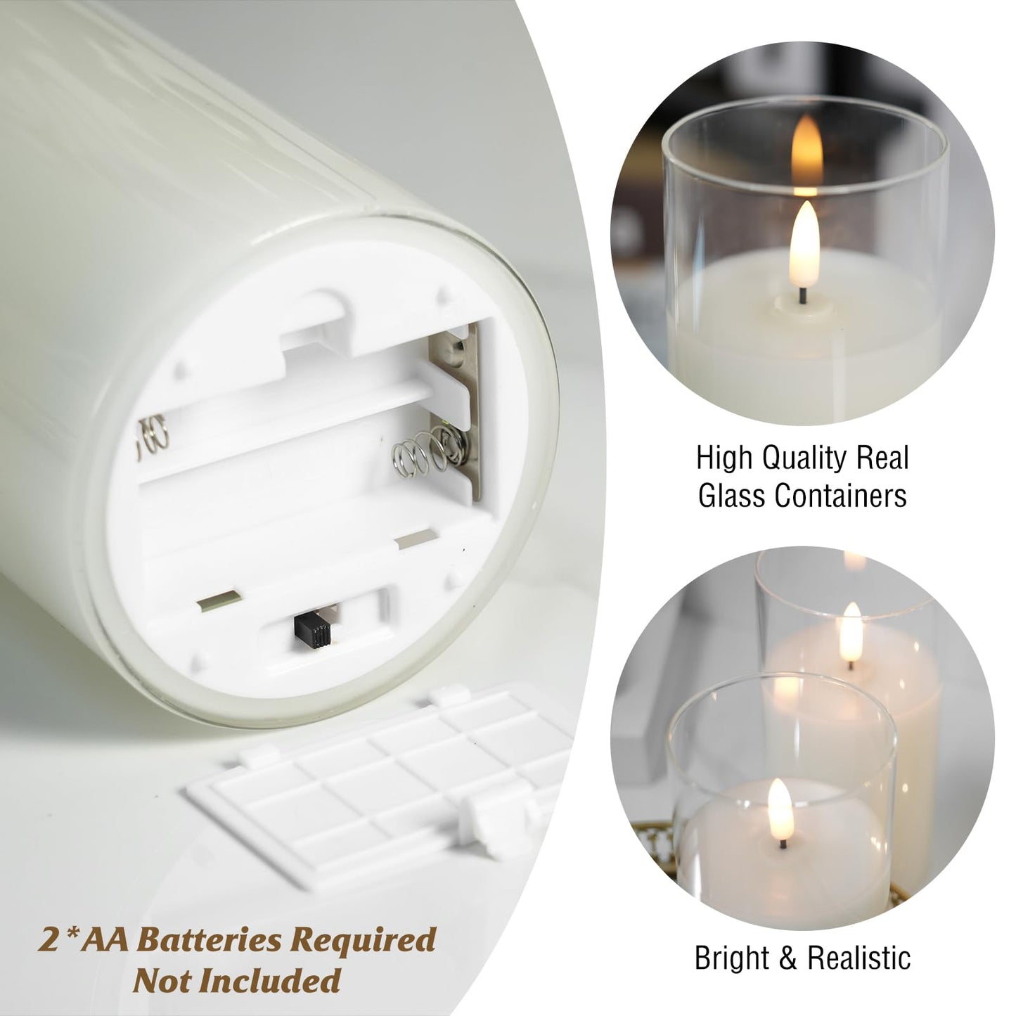 Homwamee Flameless Candle in Glass, Flashing LED Pillar Real Wax Fake Candle with Remote Control and Timer, Battery Operated Electronic Candles for Wedding Home Decorations - 3Pack
