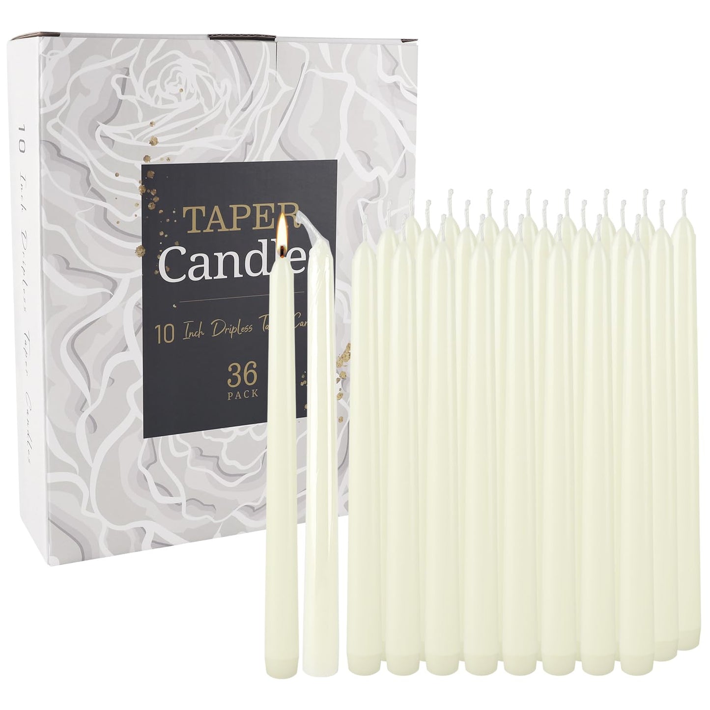 36 Pack Ivory Taper Candles 10 inch(H) Dripless, Smokeless & Unscented - Long Burning Time - Hand Poured Tall Candlesticks - Ideal for Restaurant,Weddings, Dinner Parties, and Home Decor