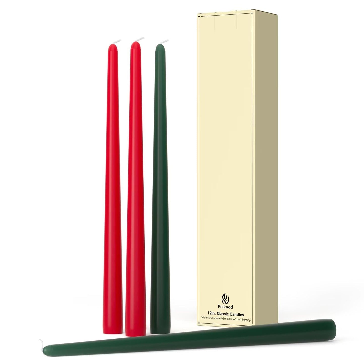Pickood 12-Inch Tall Dripless Taper Candles Set of 4 - Red and Green Tapered Candles, Perfect for Christmas - Smokeless, Unscented, Long Burning - Hand Poured, Colored Tall Candlesticks - Christmas