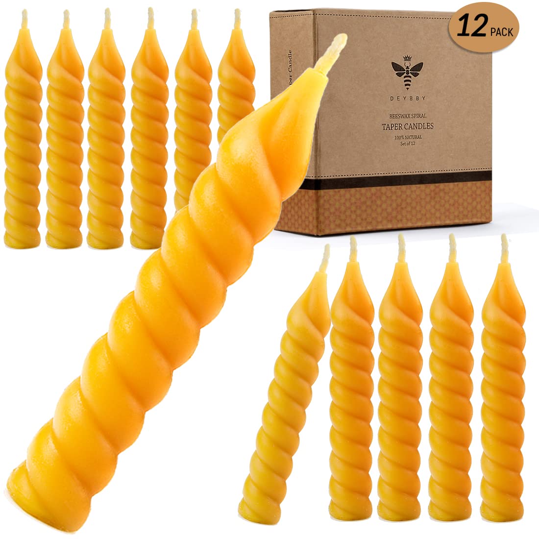 DEYBBY Natural Small Spiral Beeswax Candles Set of 12, 5 inch Dripless Smokeless Twisted Pure Organic Beeswax Candle for Home Fireplace Decor Party Event Housewarming Birthday Gift