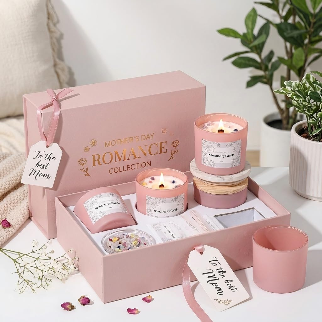 REISEN 6Pcs Assorted Pink Candle Jars for Making Candles, 12oz Empty Candle Jars with Bamboo Lids,Labels and 100g Crystal Rocks, Glass Jars for Candle Making Supplies, Candle Containers for DIY Gifts