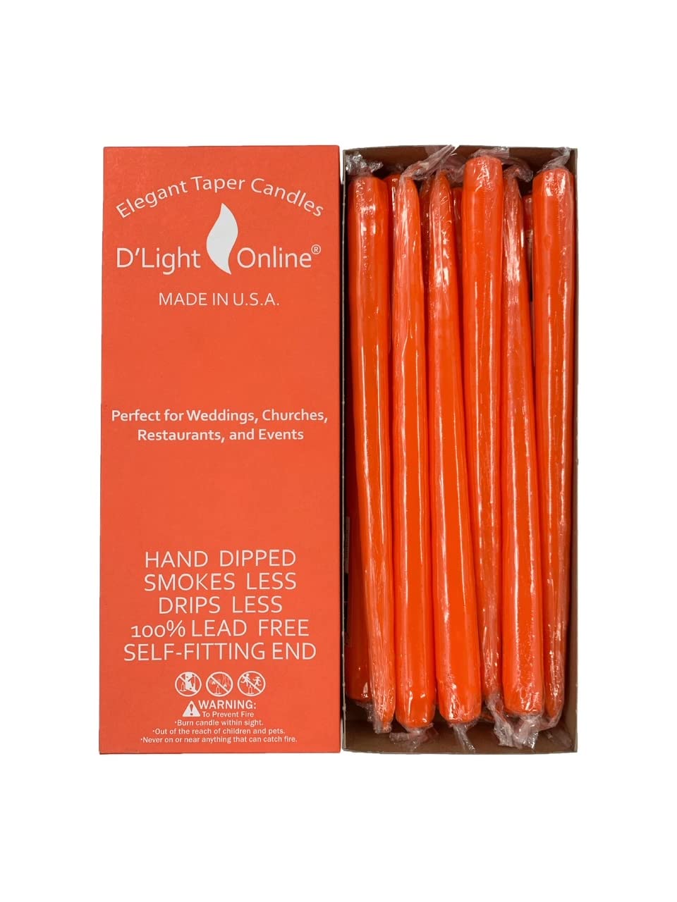 D'light Online Elegant Unscented 12" Orange Taper Candles Premium Quality Hand-Dipped Tapered Candles, Dripless and Smokeless - Set of 12 Individually Wrapped (12 Inch, Orange)