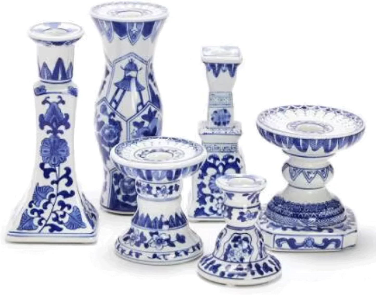 6 Pcs Candle Holder, Chinese Style Blue and White Porcelain Ceramic Candelabras Handmade Painting Candle Holders Candlesticks for Table Wedding, Party& Gift. ﻿