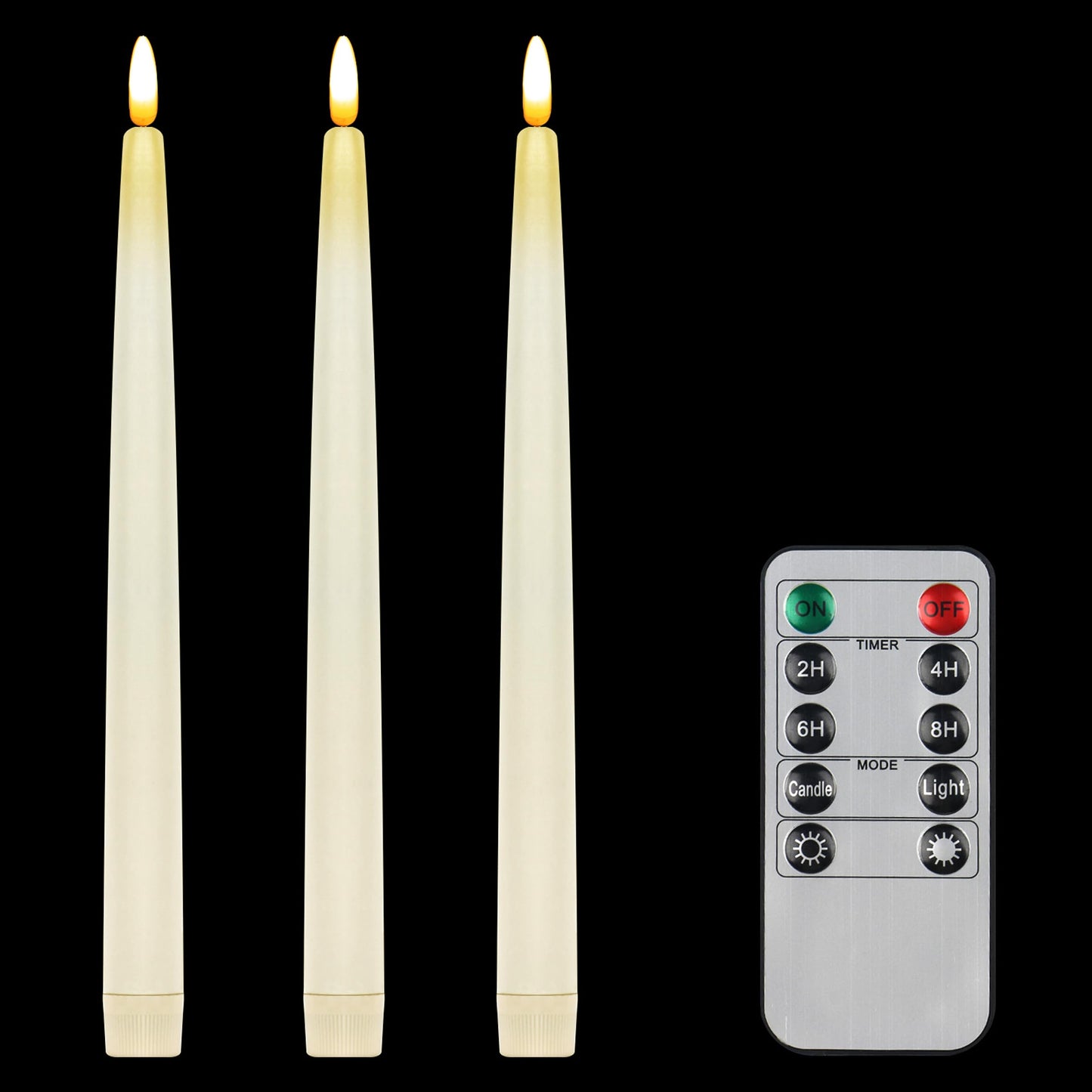 CVHOMEDECO. Flameless Taper Candles with 10-Key Remote, Battery Operated Led Flickering 3D Wick Window Candles Real Wax Finished Home Christmas Party Decor 0.78 x 11 Inch, Pack of 3, Ivory