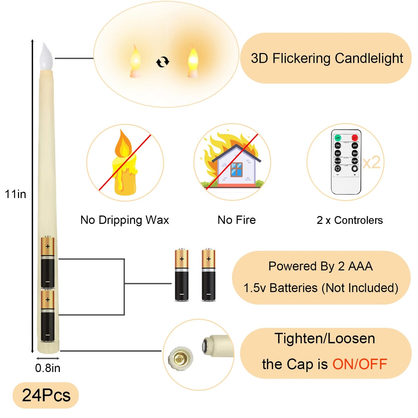 Jaoruizer 24Pcs Flameless Taper Candles,11in Battery Operated LED Taper Candles Flickering with Timer Electric Fake Candlesticks for Wedding Christmas Party, (Batteries Not Included)