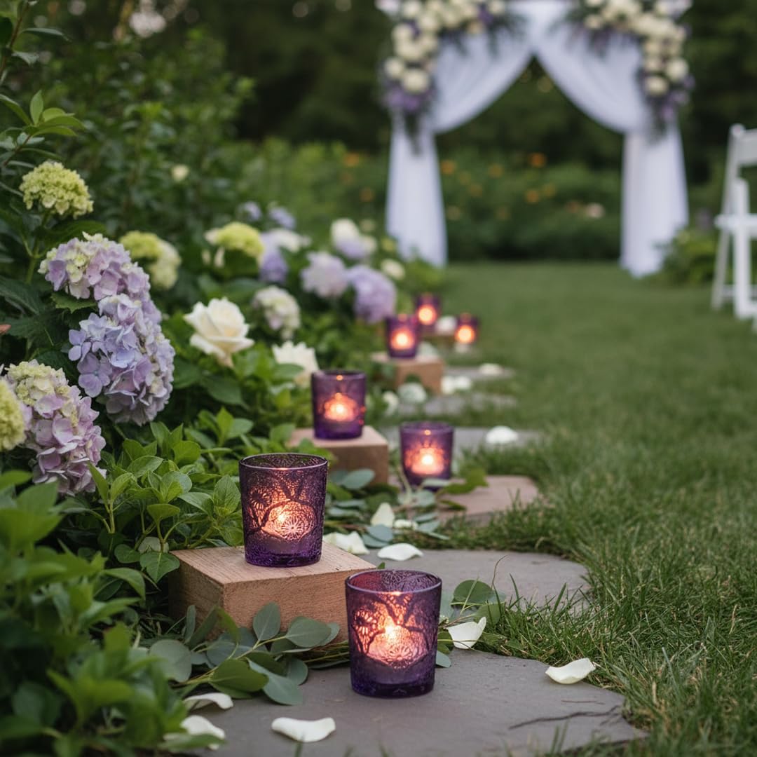 12 Pack Mandala Embossed Glass Candle Holders – Votive Tealight Holders with Patent Design, Decorative Embossed Glass Cups for Wedding Centerpieces, Parties, and Home Décor (Amethyst Bloom)