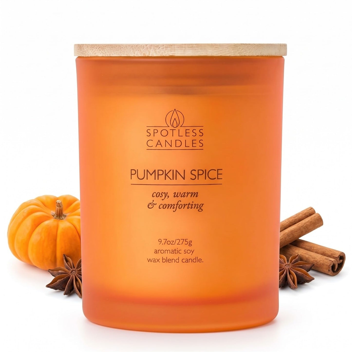 Pumpkin Spice Candle; 9.7 oz:, 55 Hrs Burn Time, Soy Wax Orange Frosted Jar with Crackling Wooden Wick & Luxury Gift Box: Pumpkin Spice Scented Candle by Spotless Candles
