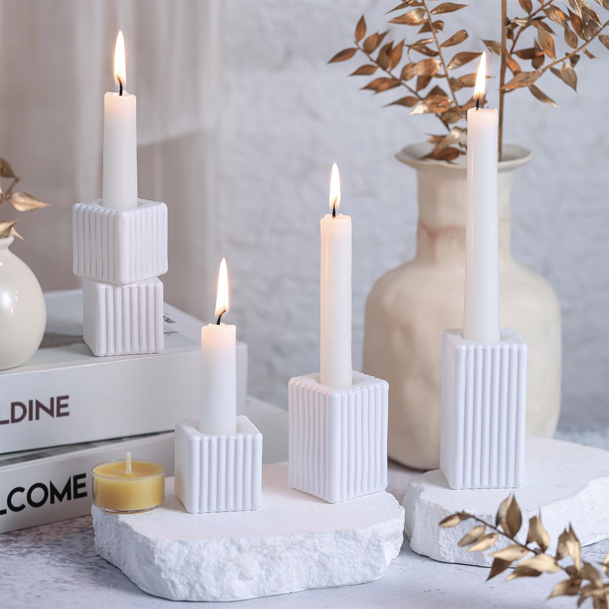 LETINE 12pcs White Vertical Stripe Glass Candlestick Holders - Chic Taper Candle Sticks Holder Set for Elegant Dining & Home Decor - Ideal for Wedding Centerpieces, Parties, and Celebrations