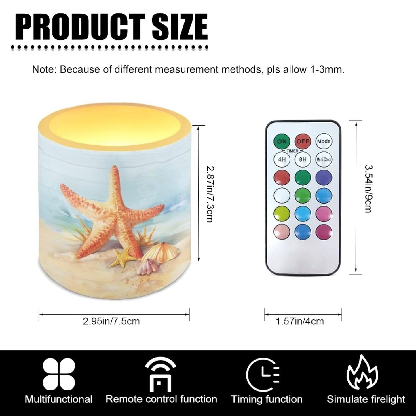 NETILGEN Beach Starfish Print 4 Pieces Flameless Candles with Remote Timer with Battery Operated 3 inch Realistic Flickering Flameless LED Candles Beach Party Decor