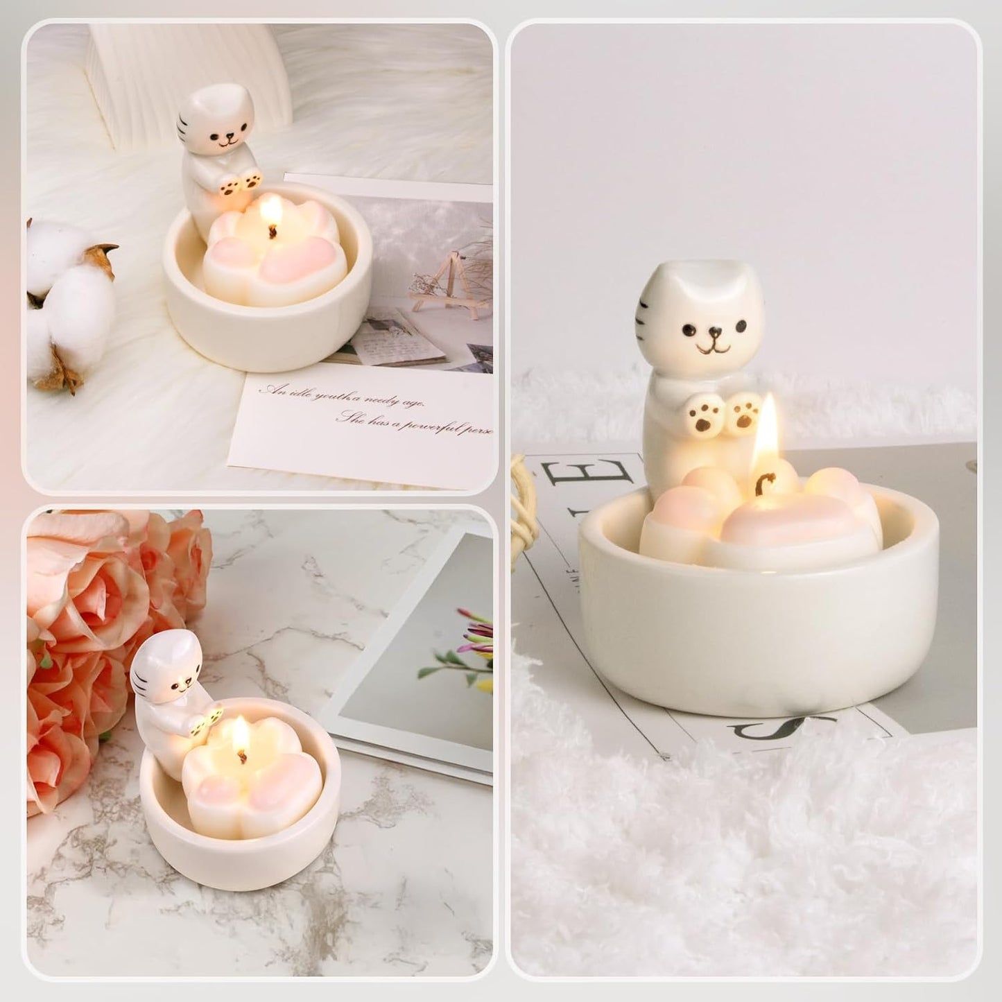 ProNature Kitten Candle Holder with 2 Cat Keychains, Ceramic Cat Mom Gifts, Cute Cat Home Decor Candlestick, Cat Lover Gifts for Women, White（Candle not Included