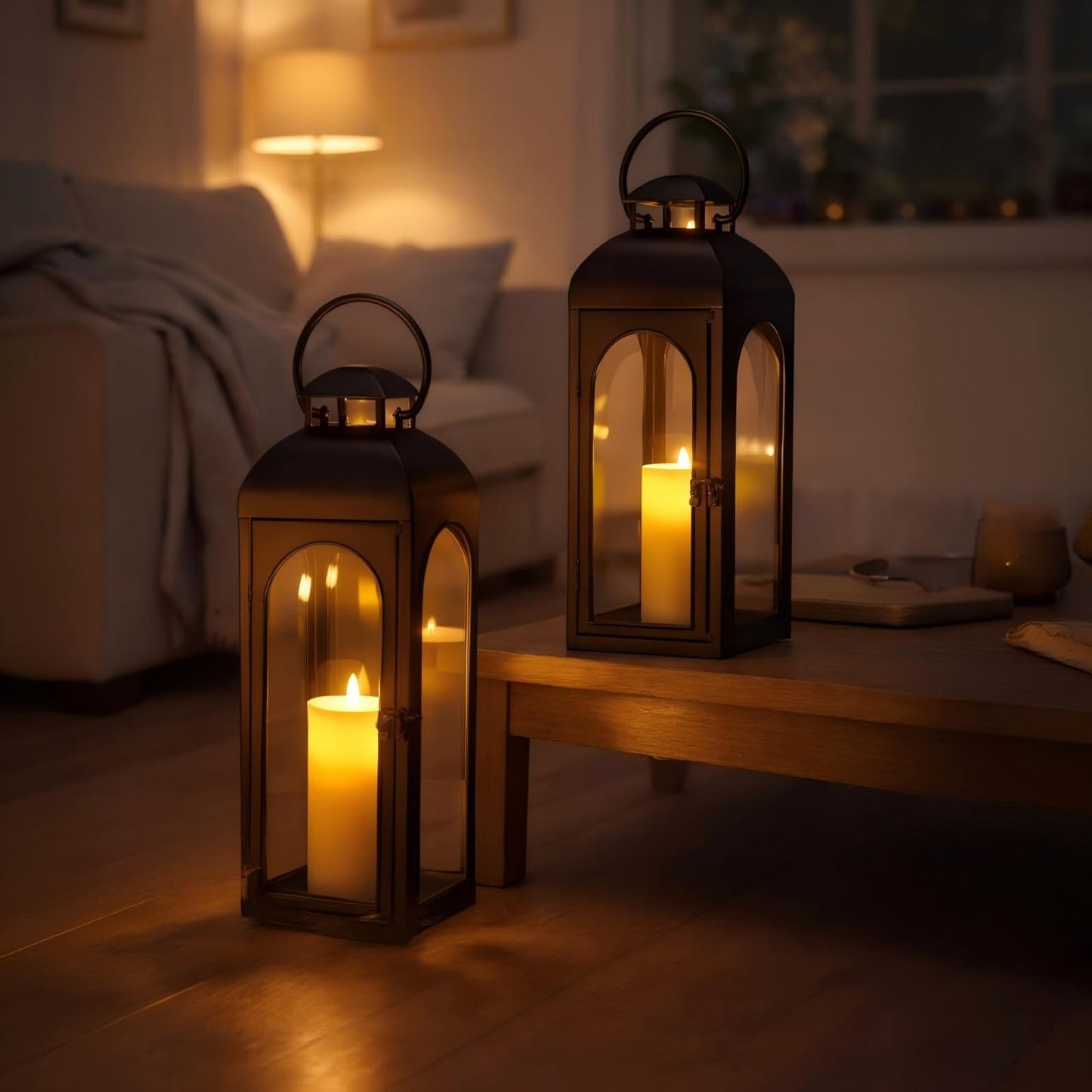 Bdor 2 Pack Luxury Black Metal Lanterns – 16" Tall Modern Hurricane Candle Lanterns with Tempered Glass Panels for Front Porch, Tabletop, Mantel, Wall Hanging, Garden, Indoor & Outdoor Décor