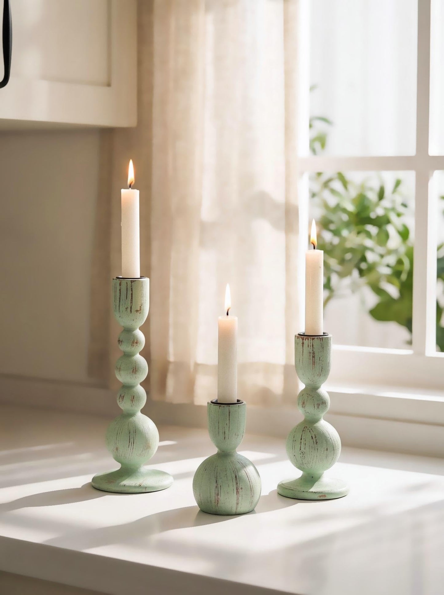 NUPTIO Candle Stick Holders Decor: Set of 3 Farmhouse Wooden Taper Candle Holders - Rustic Sage Green for Home Coffee Dinner Table