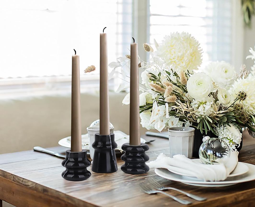 Vixdonos Marble Candle Holder Set of 3 Taper Candle Candlestick Mantle Candle Stand for Home Decor,Wedding,Party and Table Centerpieces(Black)