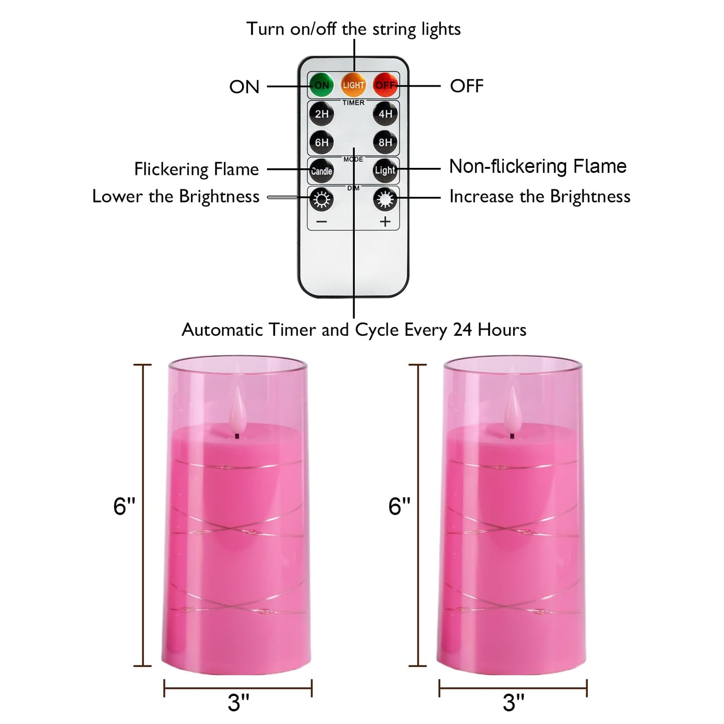 Homemory Flameless Pink Candles with Embedded Star String Fairy Lights, Battery Operated Candles, LED Candle, Fake Candles with Remote Control and Timer, Set of 2(H 6" 6")