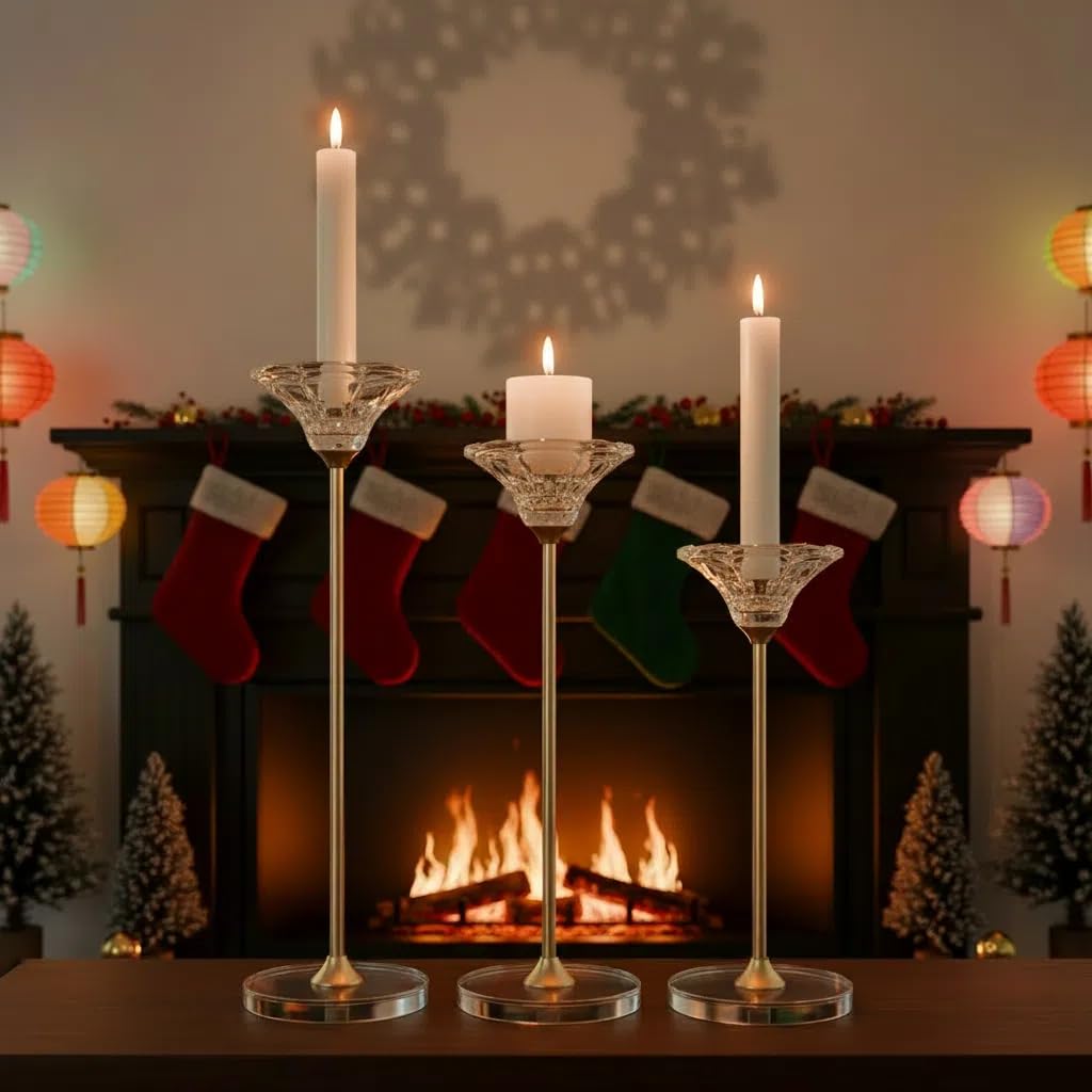 Maleoruigy Candlestick Holders, Crystal 2 in 1 Taper and Pillar Candle Holders, Set of 3 Clear Glass Candle Holder, Decorative Candle Holder Candelabra for Home Decor, Wedding, Party, Anniversary