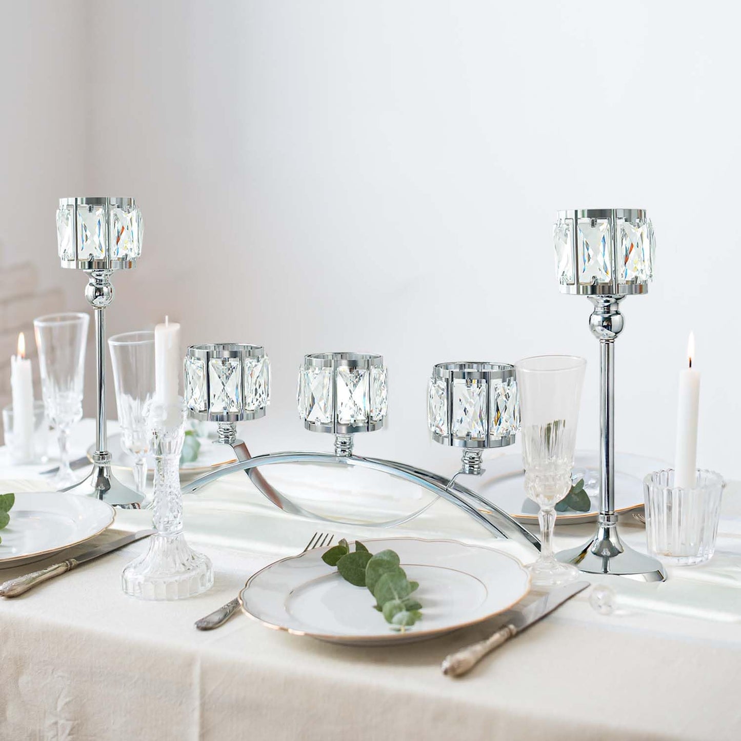 3 Arms Crystal Bowl Tealight Candelabra Votive Candle Stand, Wedding centerpieces for Tables Crystal Candlestick，Centerpiece Table Decorations (Set of Silver)