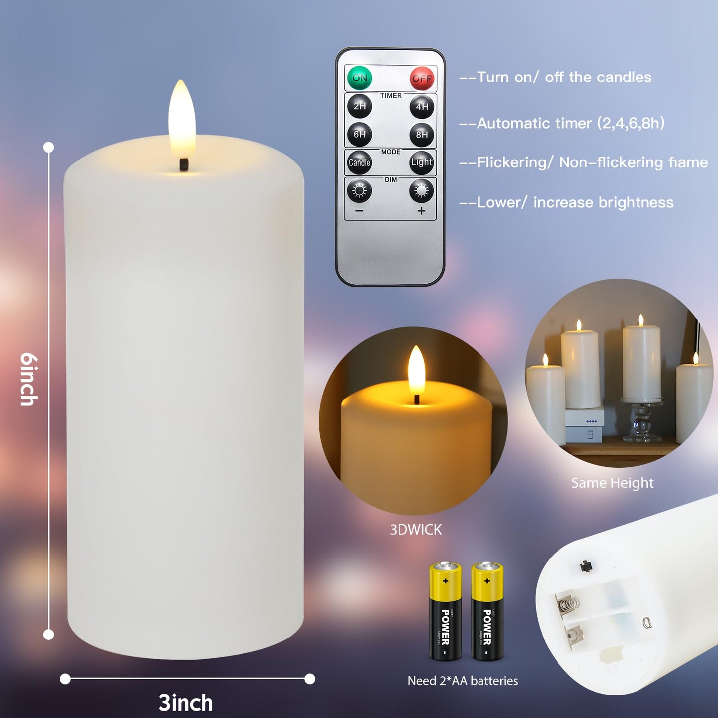 Hinabichan Flameless Candles Battery Operated with Remote and 2/4/6/8 H Timer, 6pcs Flickering Fake Electric Candles for Festival Wedding Home Party Decor (D3 x H 6") (White)
