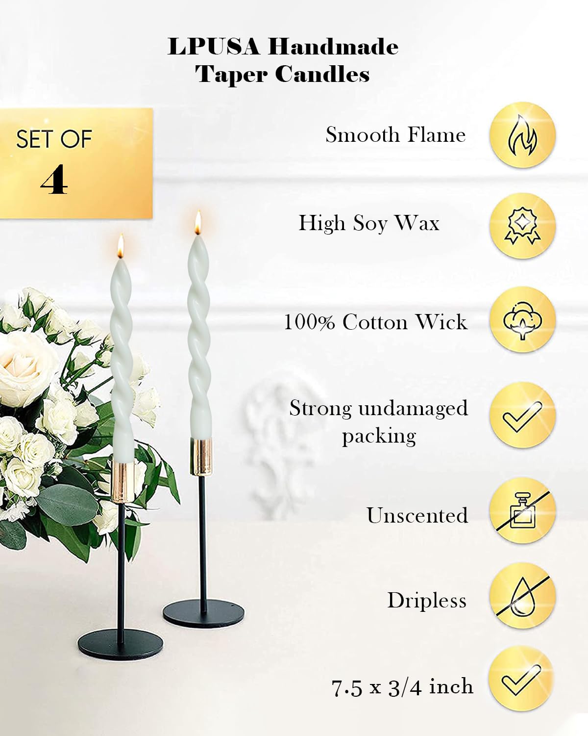 White Spiral Taper Candles Short Candle Sticks Unscented Smokeless Twisted Candlesticks for Christmas Table Decor Holiday Dinner Party-7.5inch-4pack