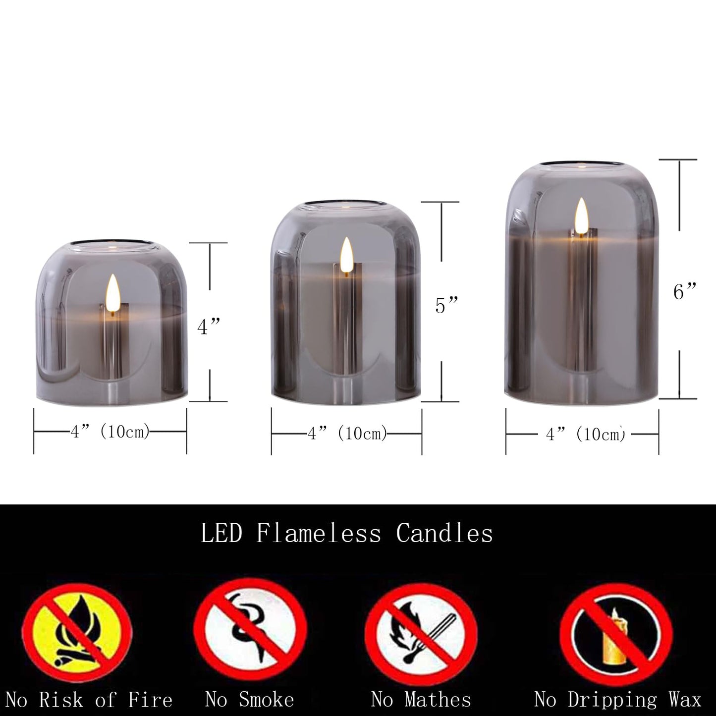 volnyus Grey Glass Flameless Candles with Remote Set of 3 Battery Operated Flickering LED Pillar Candles Real Wax Wick Φ 4"" H 4"" 5"" 6"", Gray