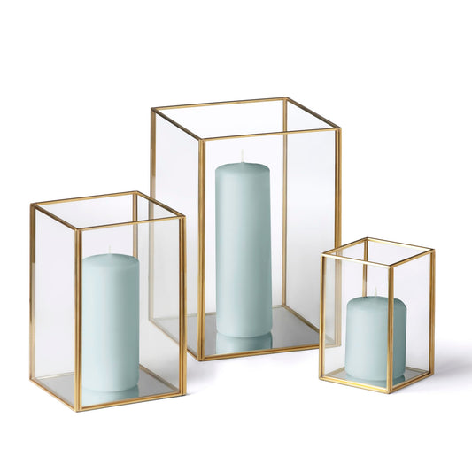 Yummi Set of 36 Slim Pillar Candles & Gold Luxus Lanterns - Celestine Blue